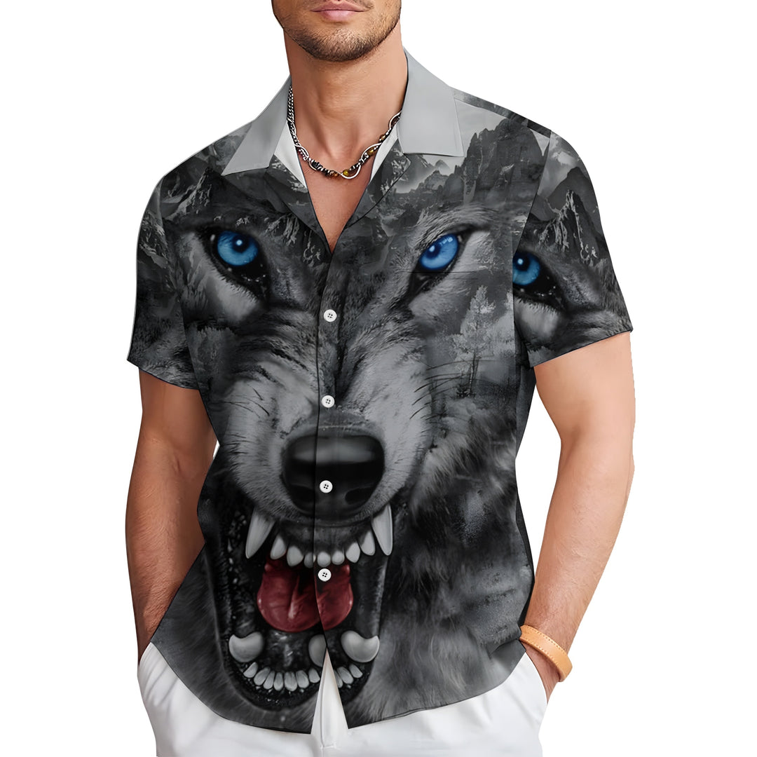 Men's Wolf Print Casual Short Sleeve Shirt 2404000450