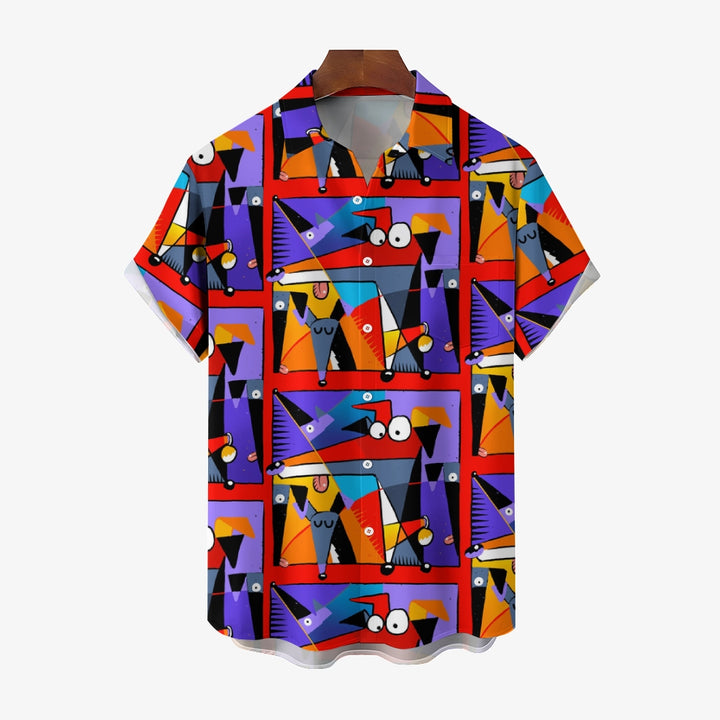 Geometric Hound Print Casual Short Sleeve Shirt 2409001584