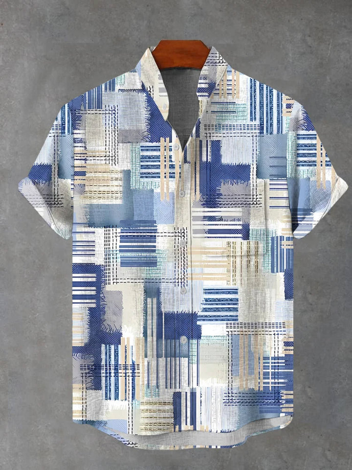 Blue Bohemian Patchwork Pattern Short-Sleeved Shirt