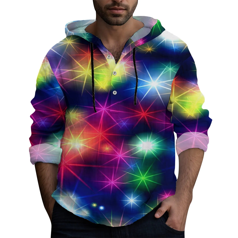 Colorful Glitter Print Hooded Half-Sleeve Shirt 2408002731