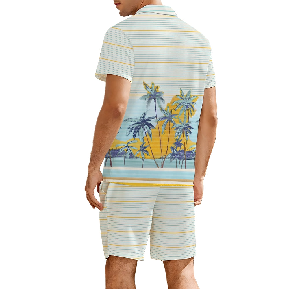 Men's Hawaiian Coconut Stripes Print Beach Two-Piece Suit 2403000603