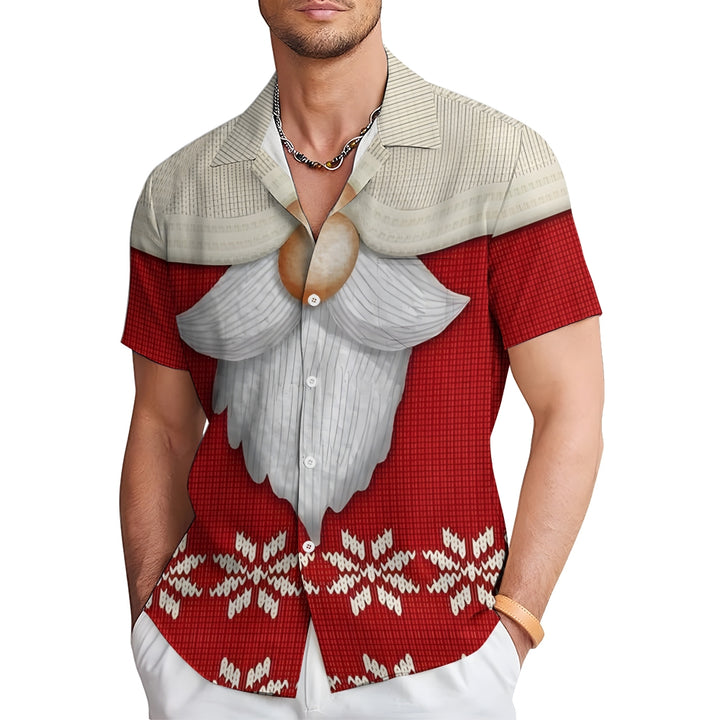 Santa Claus Knitted Texture Print Casual Short Sleeve Shirt 2410004974