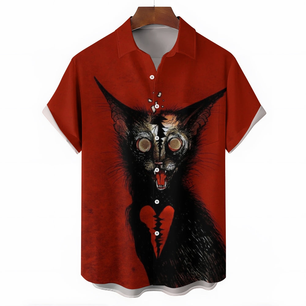 Vintage Red Black Cat Chest Pocket Short Sleeve Shirt 2411005367