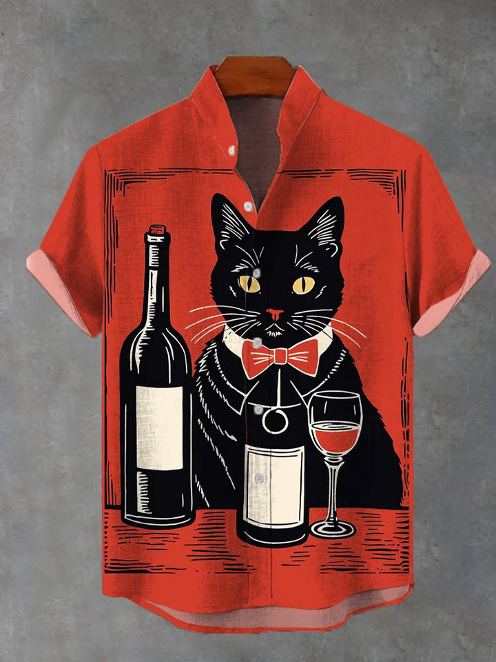 Black Cat Bar Printing Cotton Linen Short Sleeve Shirt