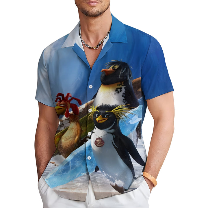 Surfing Penguin Cock Casual Short Sleeve Shirt 2410002379