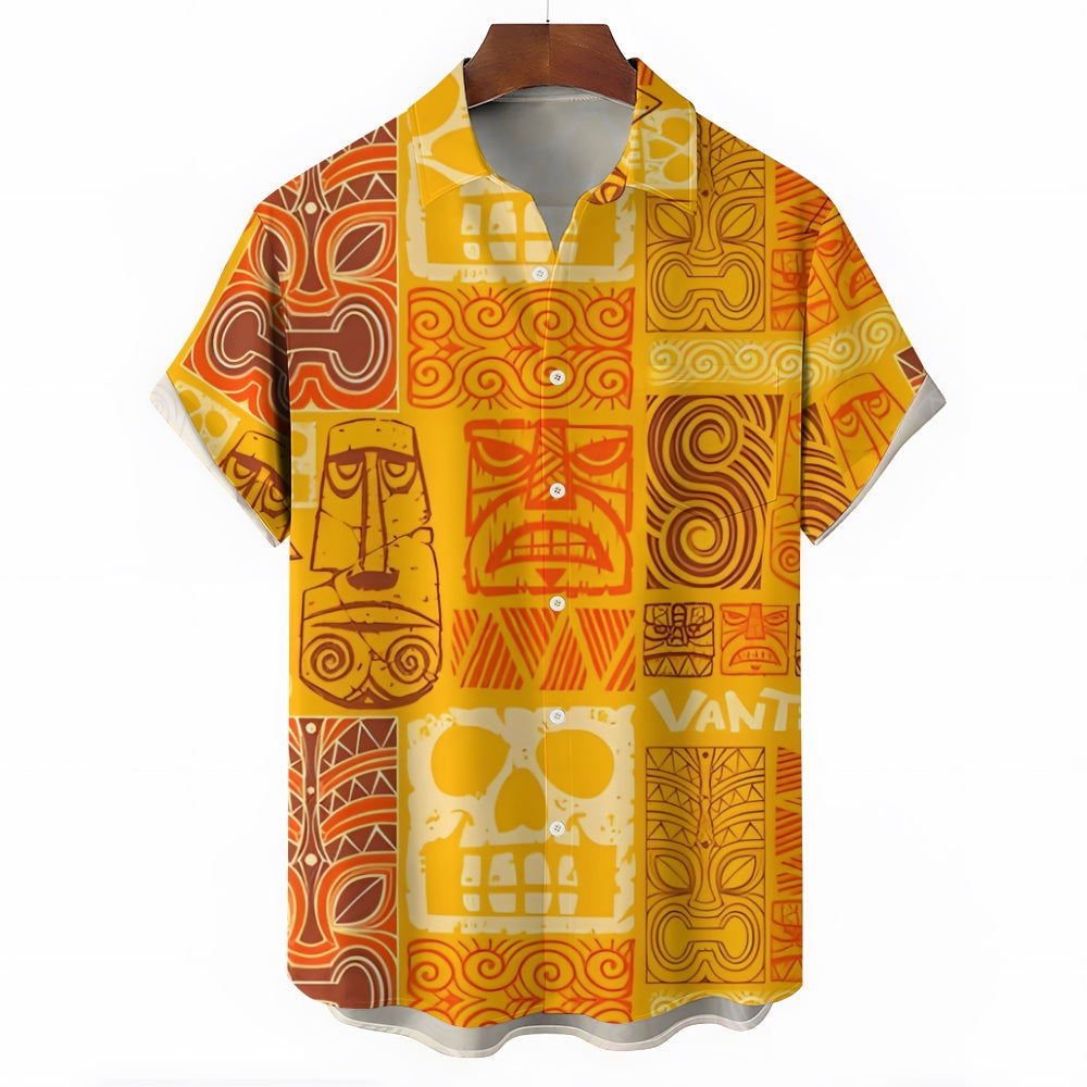 Men's Yellow TIKI Art Print Short Sleeve Shirt 2412006510