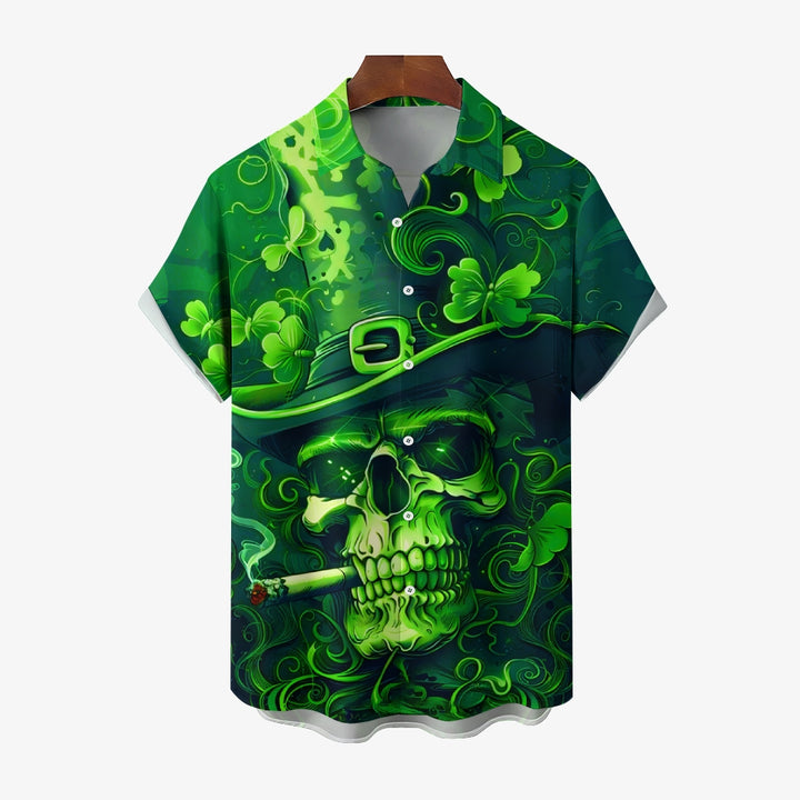 Men's St. Patrick's Day Smoking Skull Print Short Sleeve Shirt 2412008574