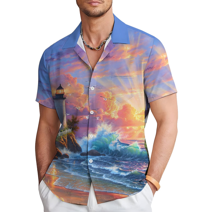 Seaside Landscape Print Casual Short Sleeve Shirt 2408002157