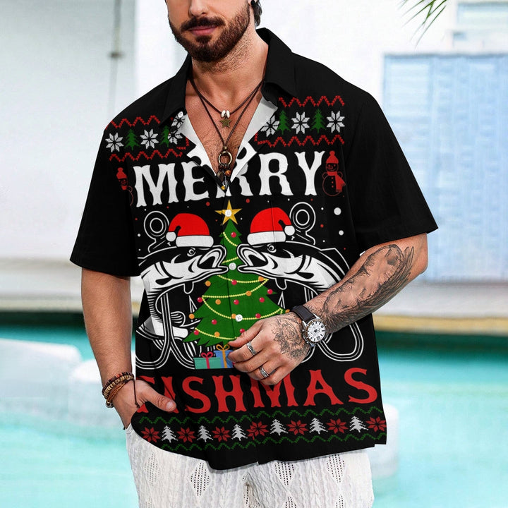 Merry Christmas Fishing Lovers Print Short Sleeve Shirt 2411007854