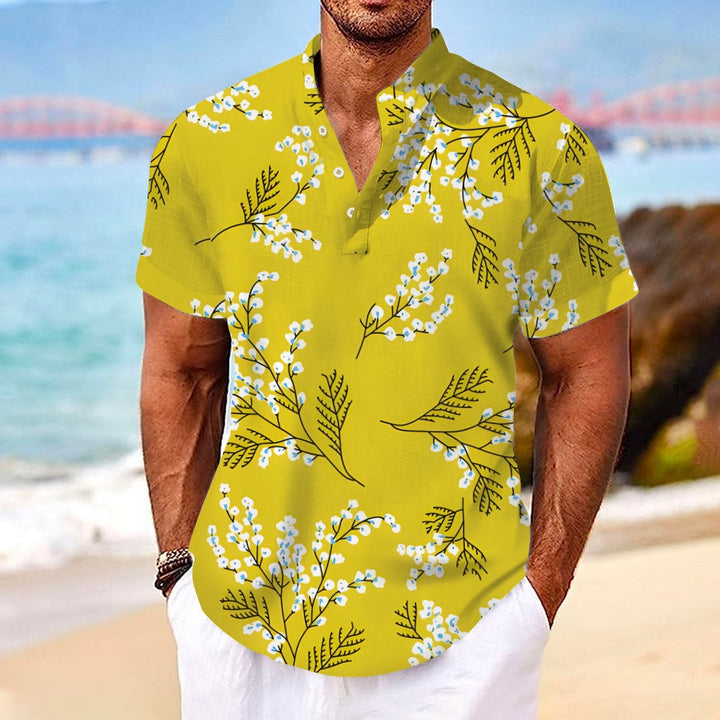 Casual Yellow Printed Stand-Up Collar Short-Sleeved Shirt 2408007146