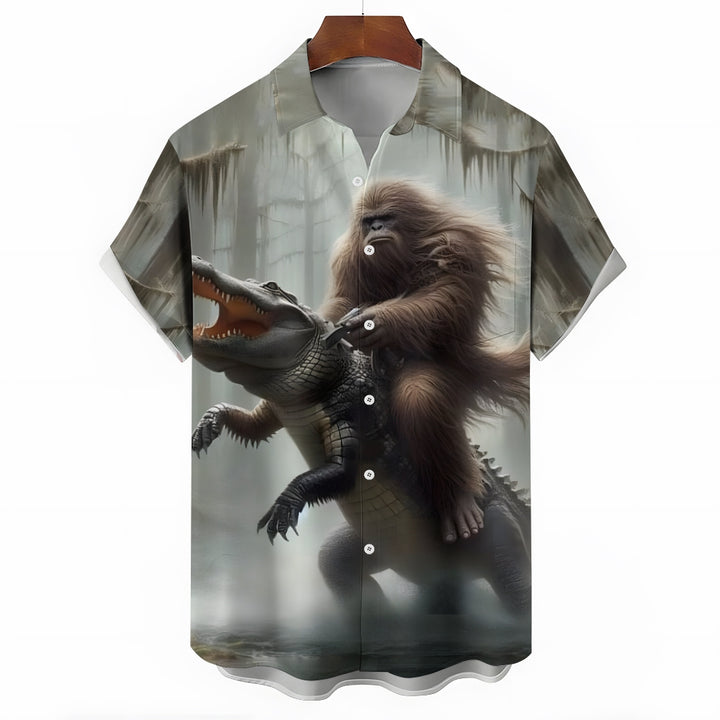 Bigfoot And Alligator Print Short Sleeve Shirt 2408002793