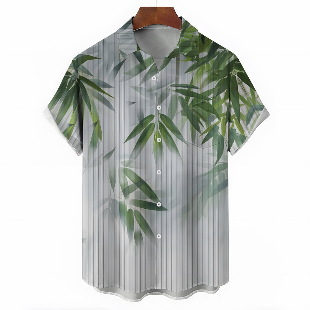 Men's Bamboo Leaf Reflection Glass Print Short Sleeve Shirt 2412002236