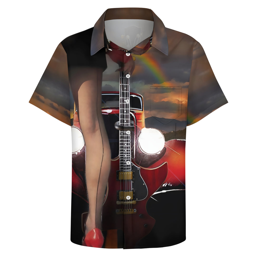 Retro Car Girl Guitar Music Casual Short Sleeve Shirt 2404000714