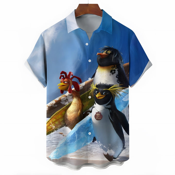 Surfing Penguin Cock Casual Short Sleeve Shirt 2410002379