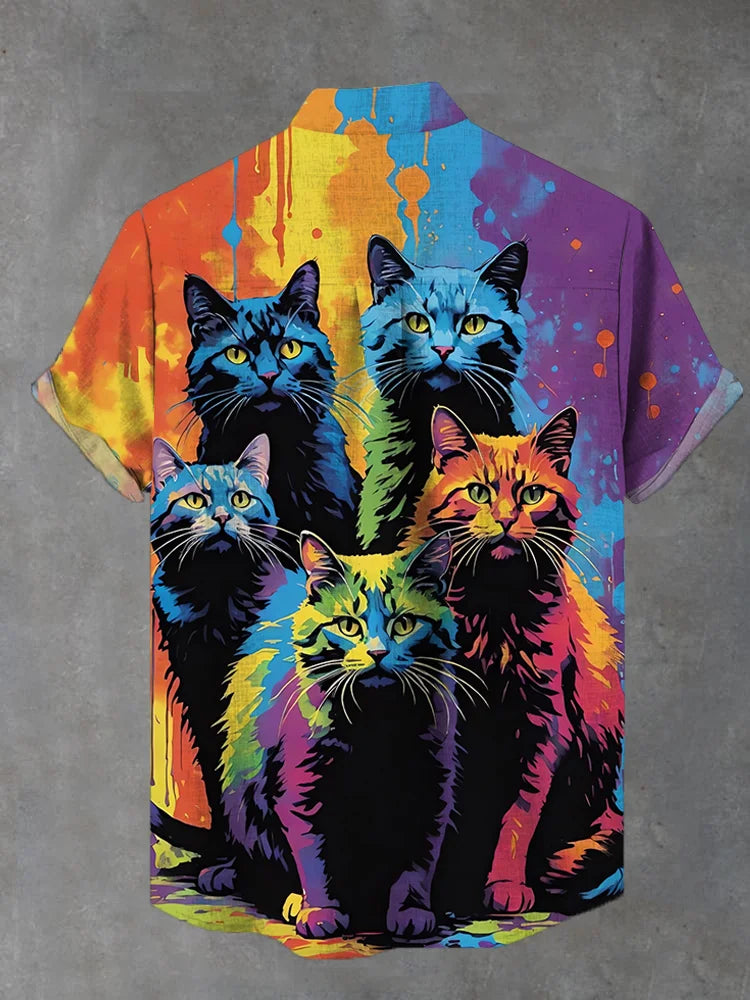 Colorful Oil Painting Cat Print Short Sleeve Shirt