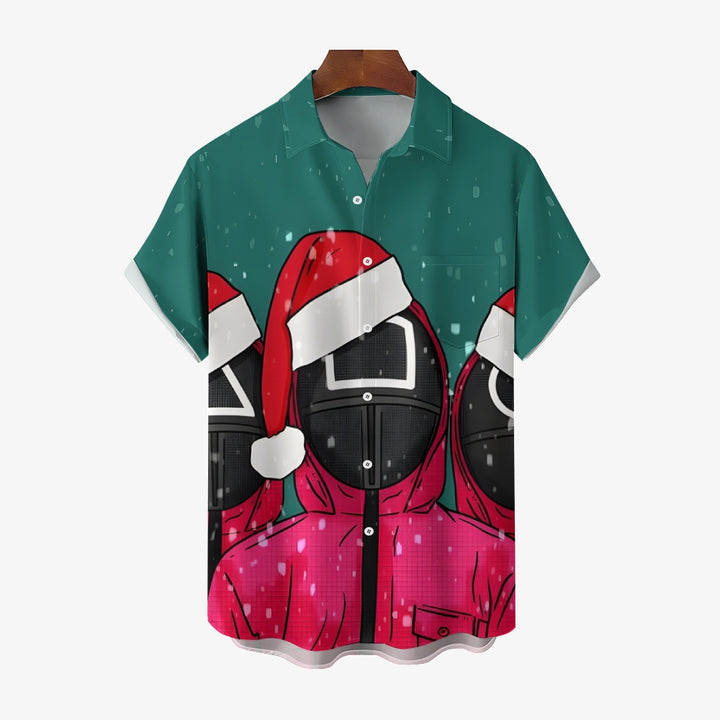 Men's Squidward Games Santa Hat Print Short Sleeve Shirt 2412004889