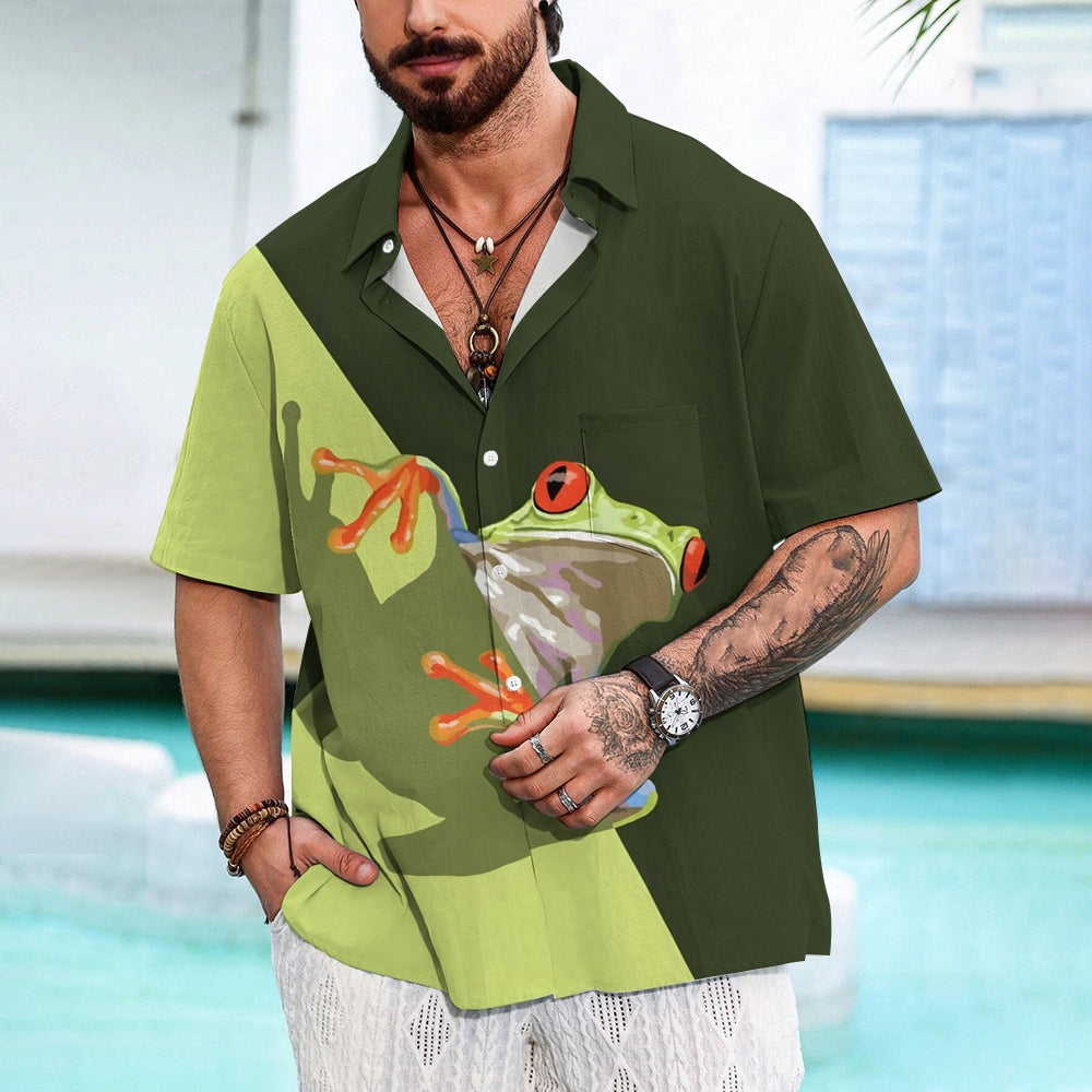 Colorblock Frog Print Chest Pocket Short Sleeve Shirt 2411005804