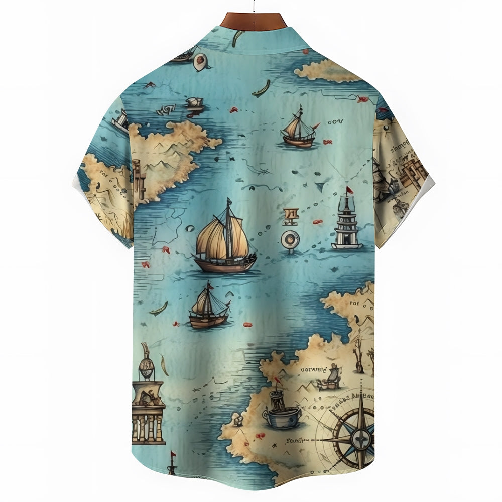 Nautical Sailboat Print Chest Pocket Short Sleeve Shirt 2411006006