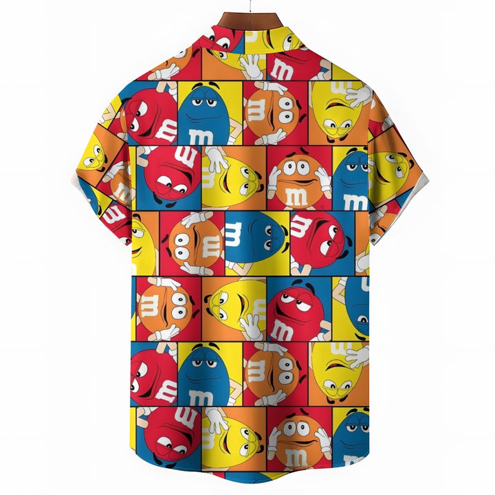 Cartoon Chocolate Beans Print Chest Pocket Short Sleeve Shirt 2411002229