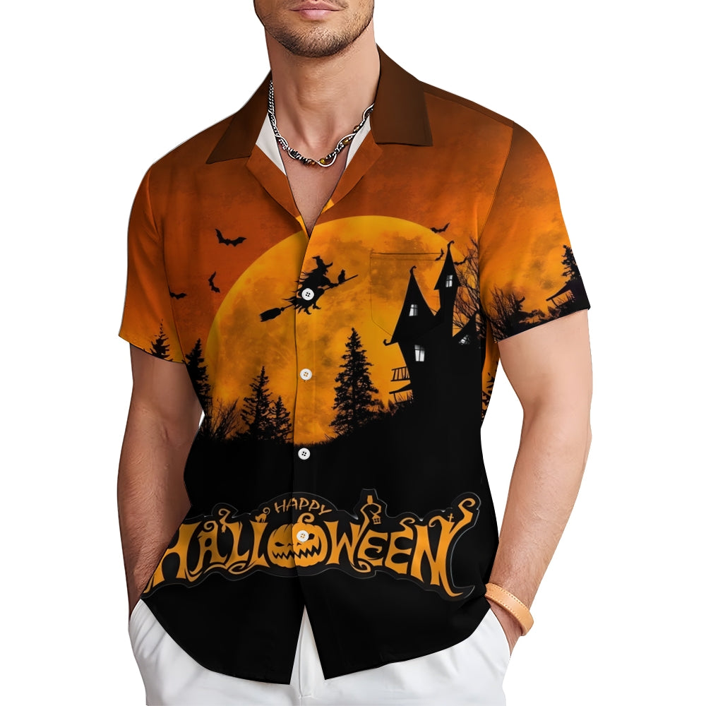 Halloween Flying Witch Print Short Sleeve Shirt 2408007018