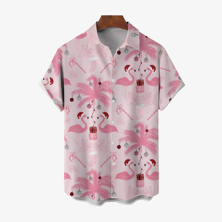 Christmas Flamingo With Hat Print Short Sleeve Shirt 2410002074