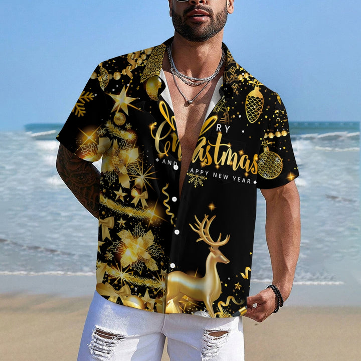 Merry Christmas Gold Glittering Elk Short Sleeve Shirt 2409004956