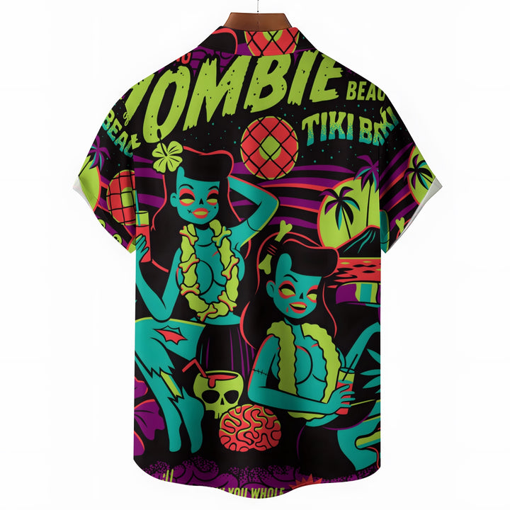Men's Zombie Girl TIKI Art Print Casual Short Sleeve Shirt 2404000930