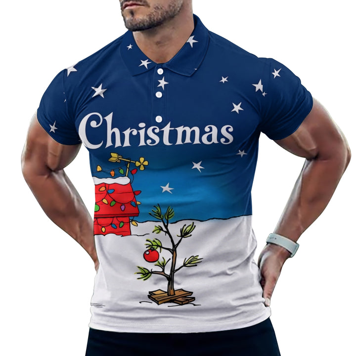 Christmas Tree Holiday Blue Cartoon Men's Button Down Short Sleeve Polo