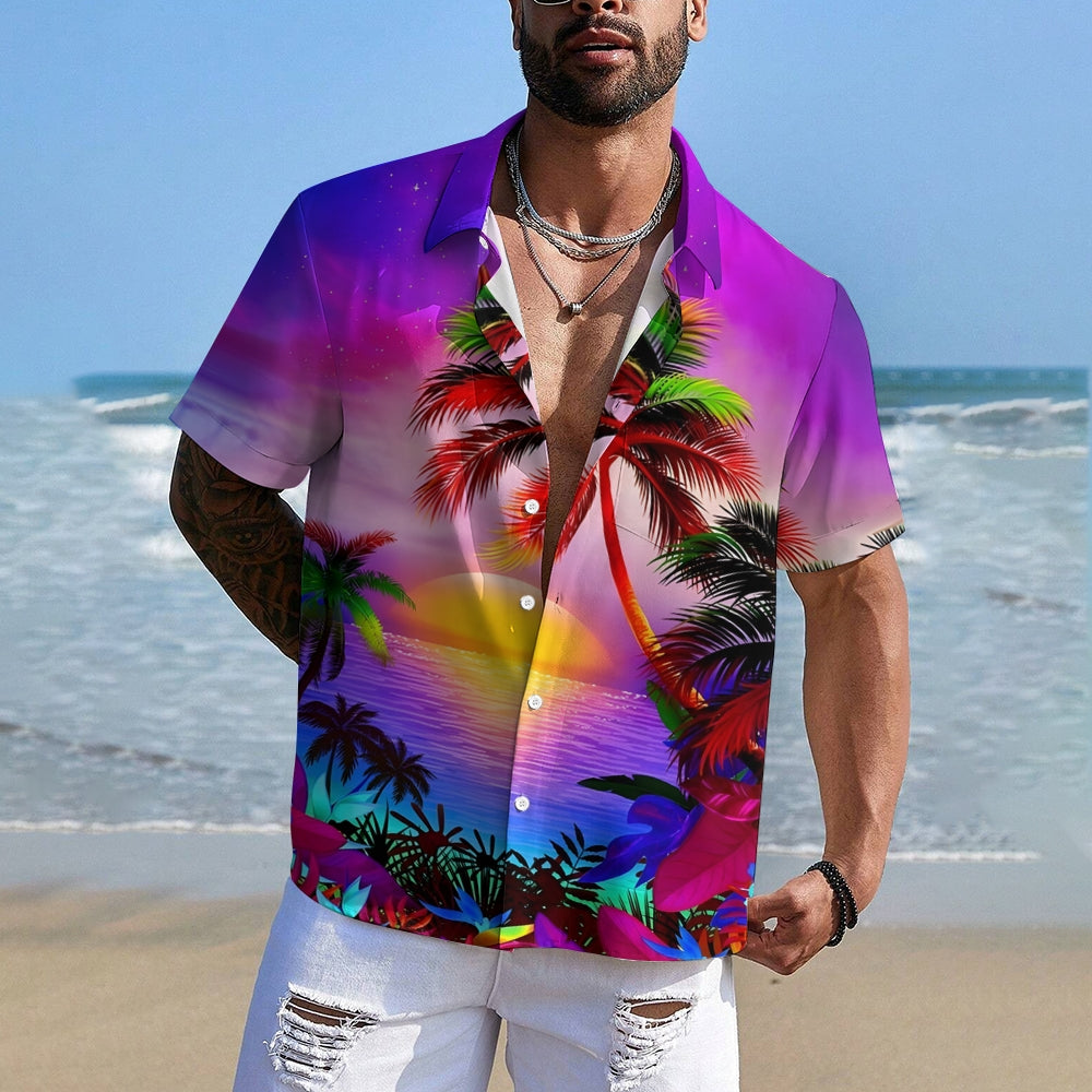 Men's Hawaiian Coconut Tree Sunset Print Short Sleeve Shirt 2412006496