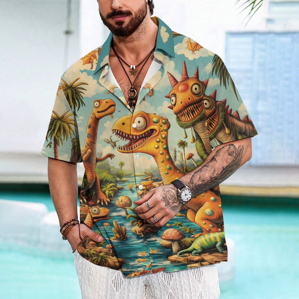 Funny Dinosaur Print Casual Short Sleeve Shirt 2408004532