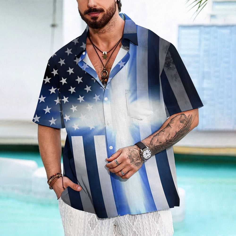 Stars and Stripes Cross Printed Casual Short Sleeve Shirt 2408002678