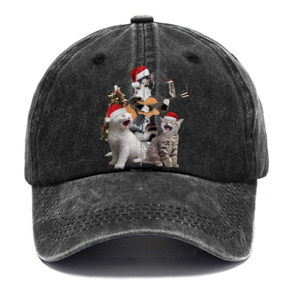 Unisex Vintage Casual Christmas Cat Print Washed Cap