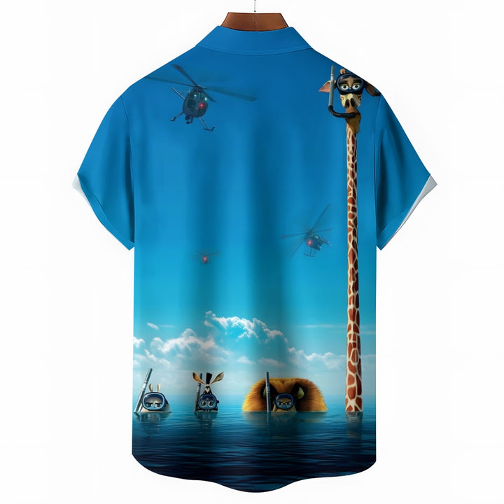 Cartoon Animal Diving Print Casual Short Sleeve Shirt 2410002367