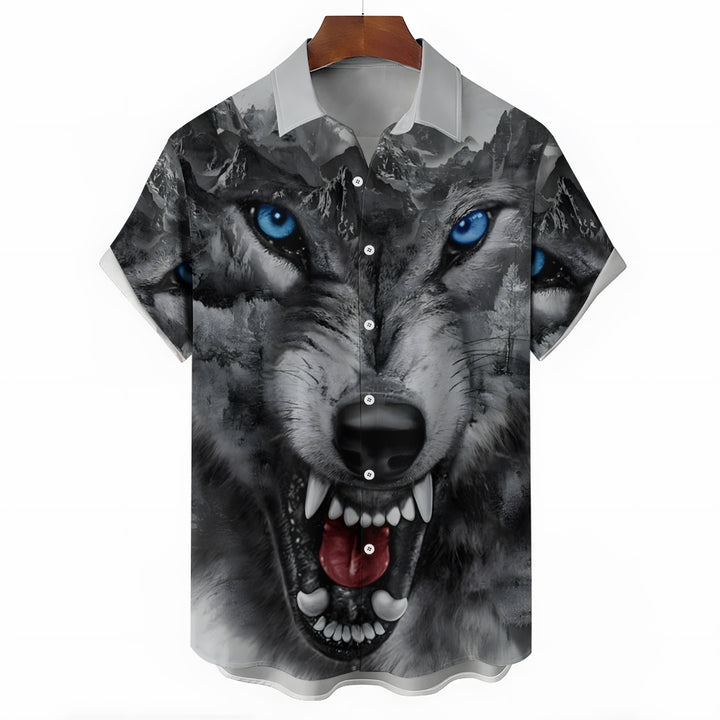 Men's Wolf Print Casual Short Sleeve Shirt 2404000450