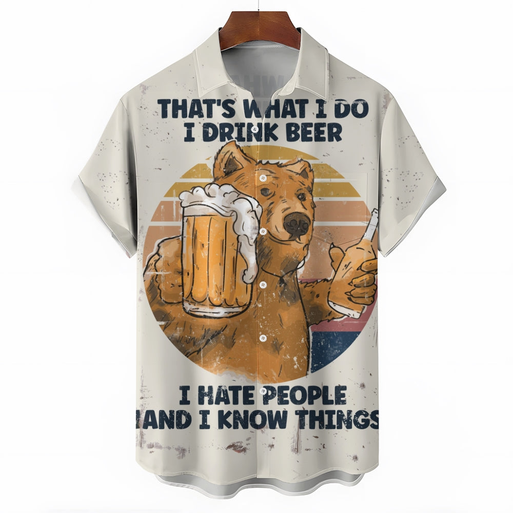 Funny Beer Bear Linen Short Sleeve Shirt 2409009596