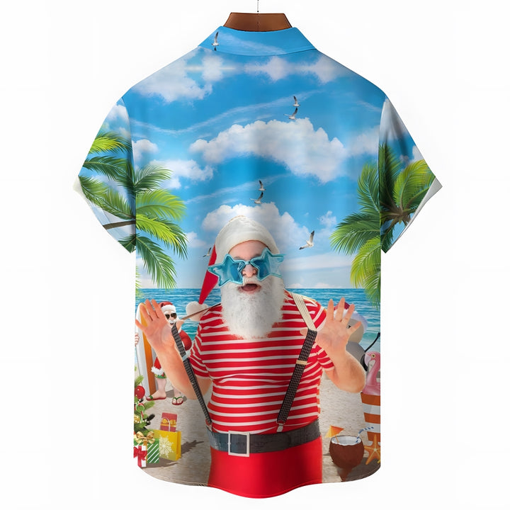 Santa Claus Print On The Beach Short Sleeve Shirt 2410003388