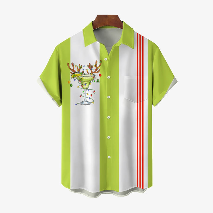 Christmas Cocktail Striped Bowling Short Sleeve Shirt 2411003969