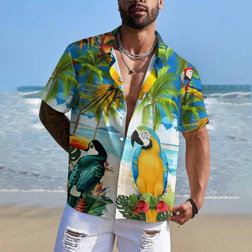 Hawaiian Parrot Print Casual Short Sleeve Shirt 2411000263