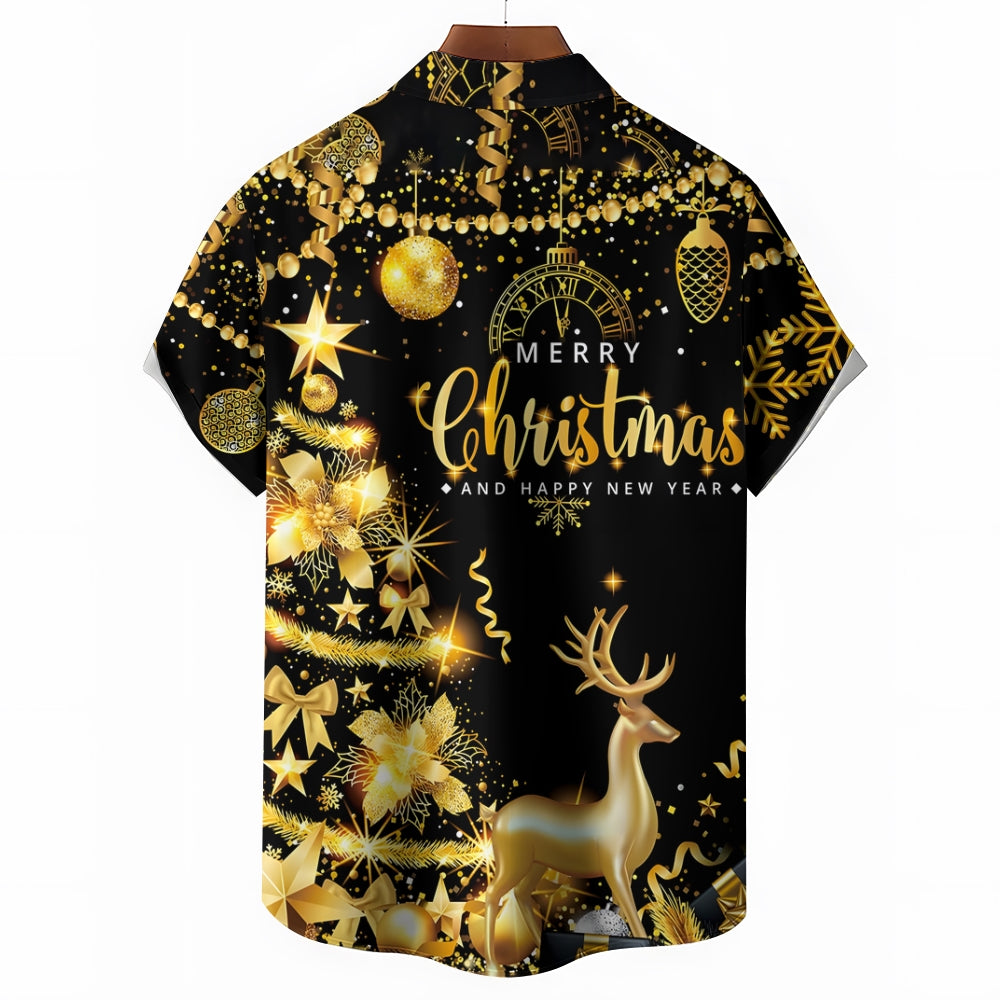 Merry Christmas Gold Glittering Elk Short Sleeve Shirt 2409004956