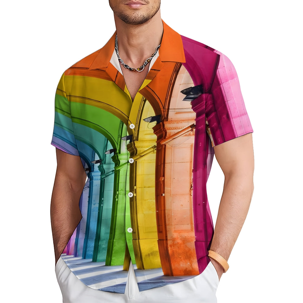 Colorful Architectural Print Linen Short-Sleeved Shirt 2409010674