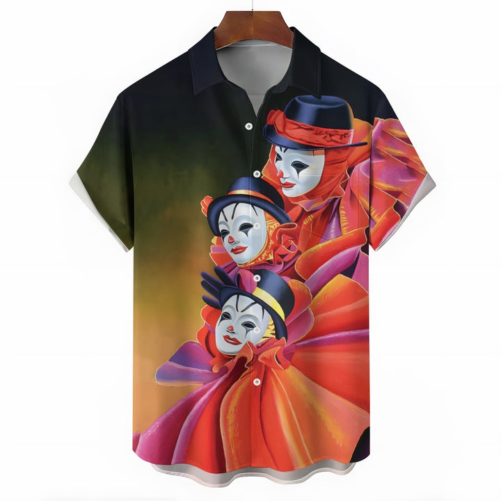 Mask Drama Print Casual Short Sleeve Shirt 2410003341