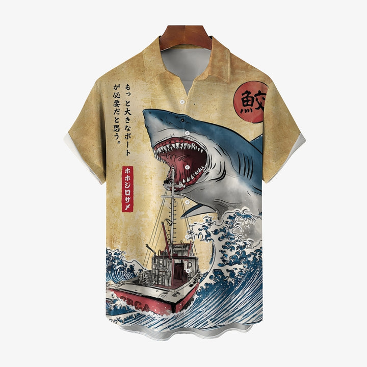 Ukiyoe Waves and Sharks Casual Large Size Short Sleeve Shirt 2406003223