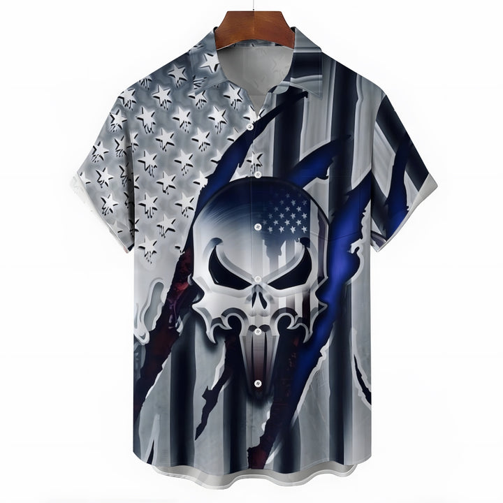 Men's Flag Skull Print Short Sleeve Shirt 2404001799