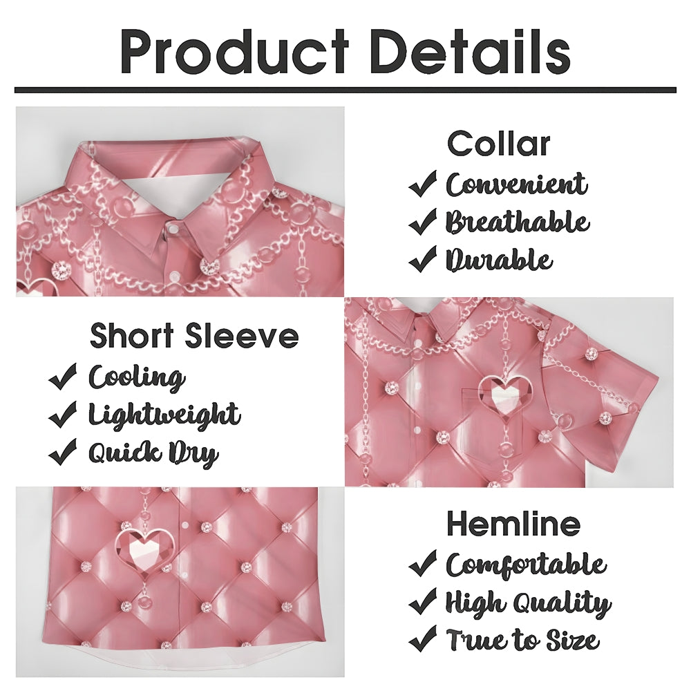 Men's Pink 3d Heart Decorative Print Short Sleeve Shirt 2412008507