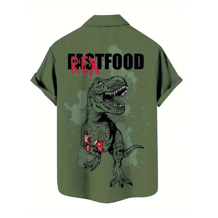 Men's 3D T-Rex Funny Graphic Print Short Sleeve Button Up Lapel Shirt