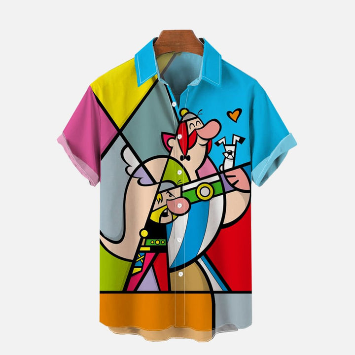 Abstract Color Block Splicing Comic Characters Printing Short Sleeve Shirt