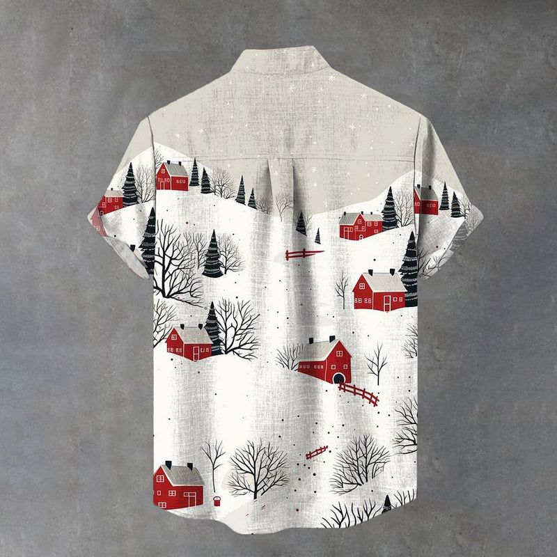 Drunk Giant Santa Printing Cotton Linen Short Sleeve Shirt