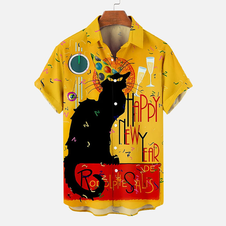 Men's Happy Christmas and New Year Black Cat Print Shirt