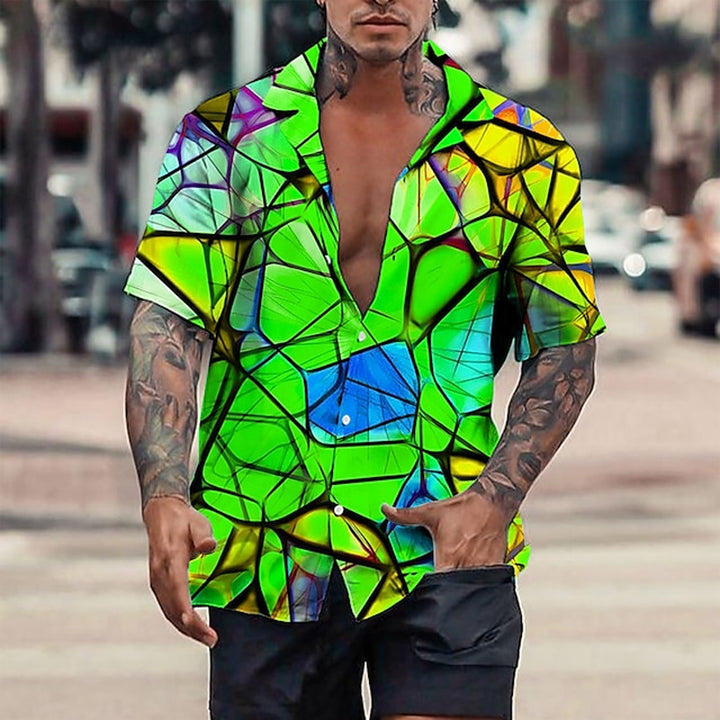 Men's Novelty 3D Geometric Pattern Print Short Sleeve Lapel Shirt