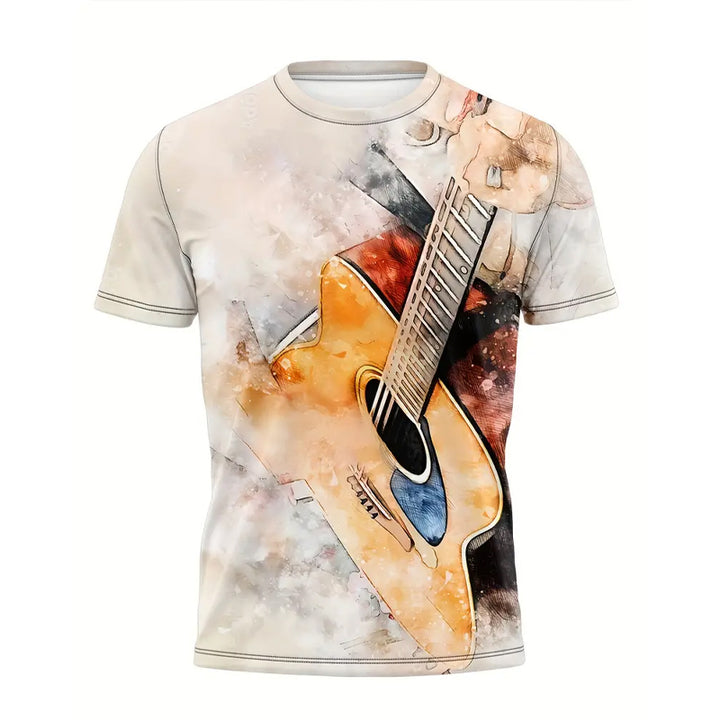 Men's Crew Neck Guitar Print Short Sleeve Sports T-shirt